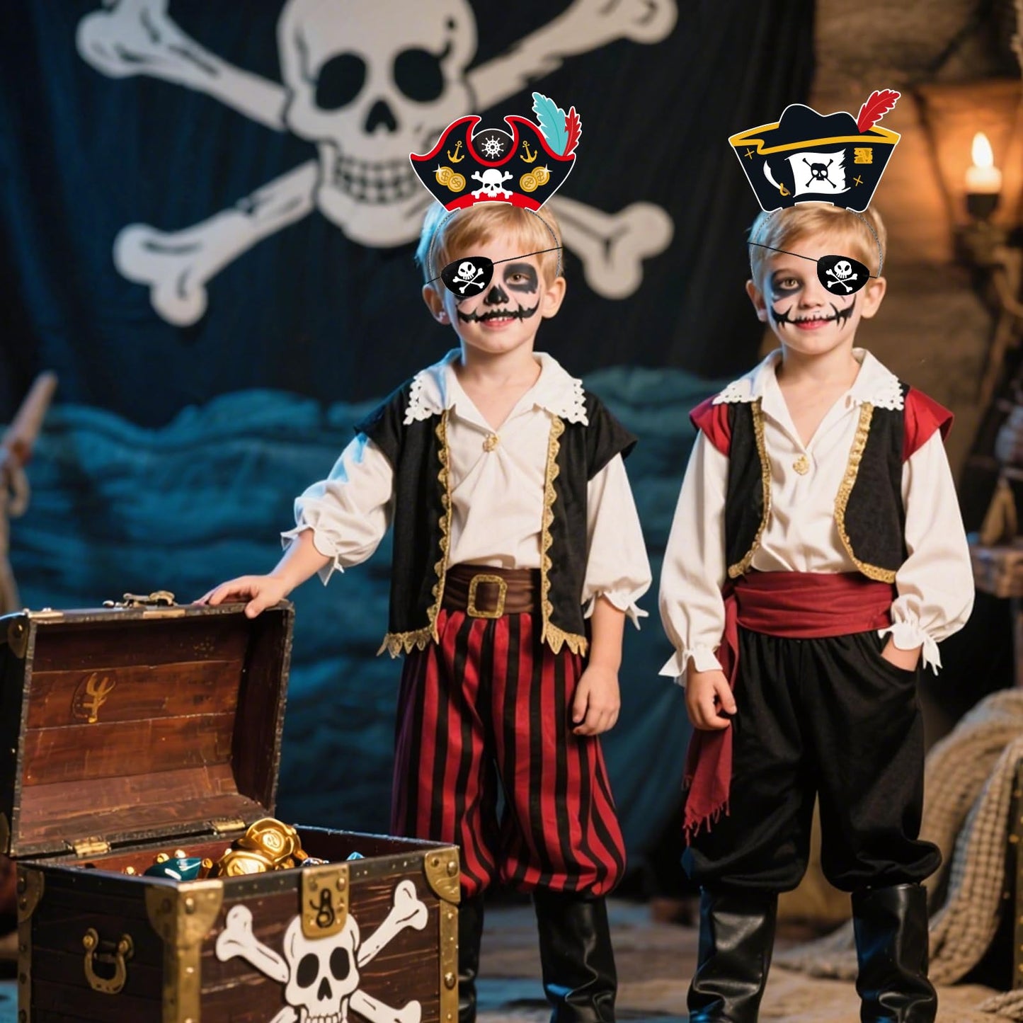 24 Set Pirate Hat Headbands & Eye Patches, Paper Pirate Costume Accessories Decoration for Pirate Theme Party Supplies Halloween Fancy Dress Caribbean Cosplay - Party Favors for Boys & Girls (48 Pcs)