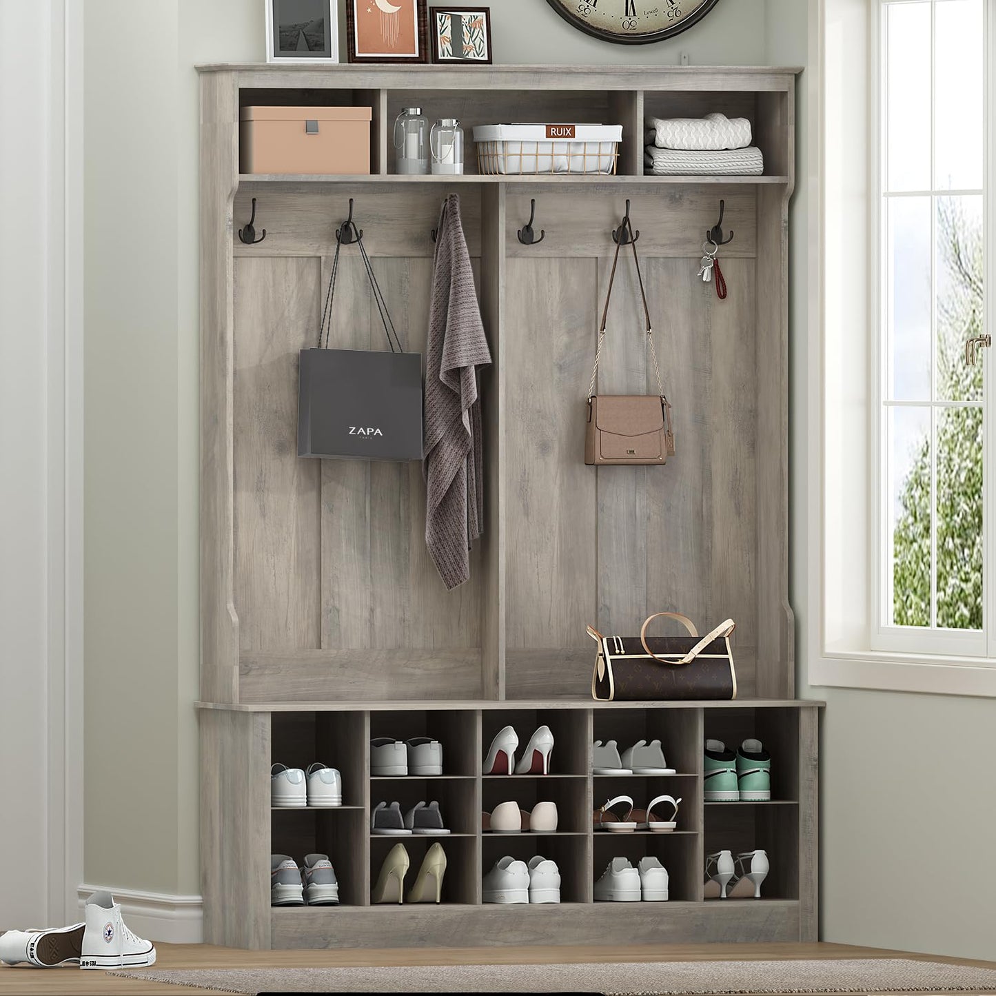 Wodeer Entryway Hall Tree with Bench and Shoe Storage, 53" Farmhouse 4-in-1 Mudroom Storage Organizer with Coat Rack, 6 Double Hooks, 12 Shoe Cubbies, Adjustable Shelf, for Hallway, Bedroom, Grey