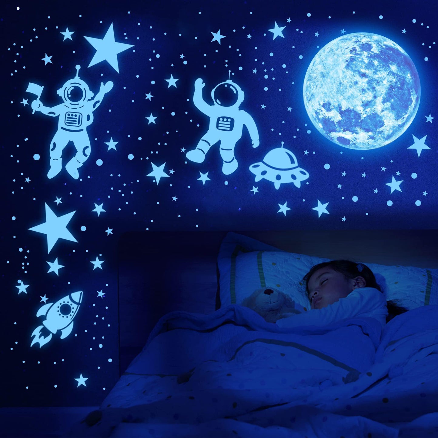 1017Pcs Glow in The Dark Stars for Ceiling Glow in The Dark Moon and Planet Wall Decal Luminous Astronaut Universe Galaxy Space Wall Stickers for Kids Boys Bedroom Blue