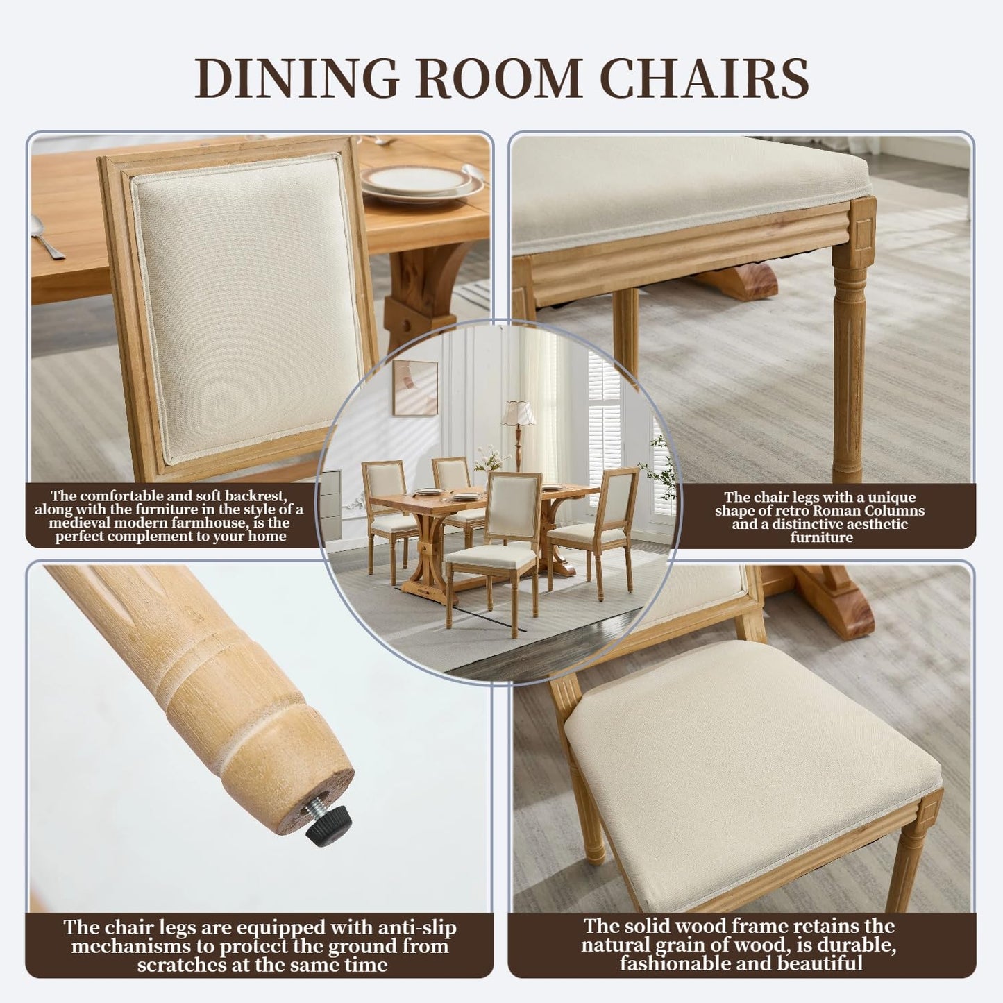 WYYHOBXC Farmhouse Dining Chairs Set of 2, Wood Dining Chair with Upholster Backrest & Cushion, Kitchen Table Chairs with Roman Column Legs for Dining Room