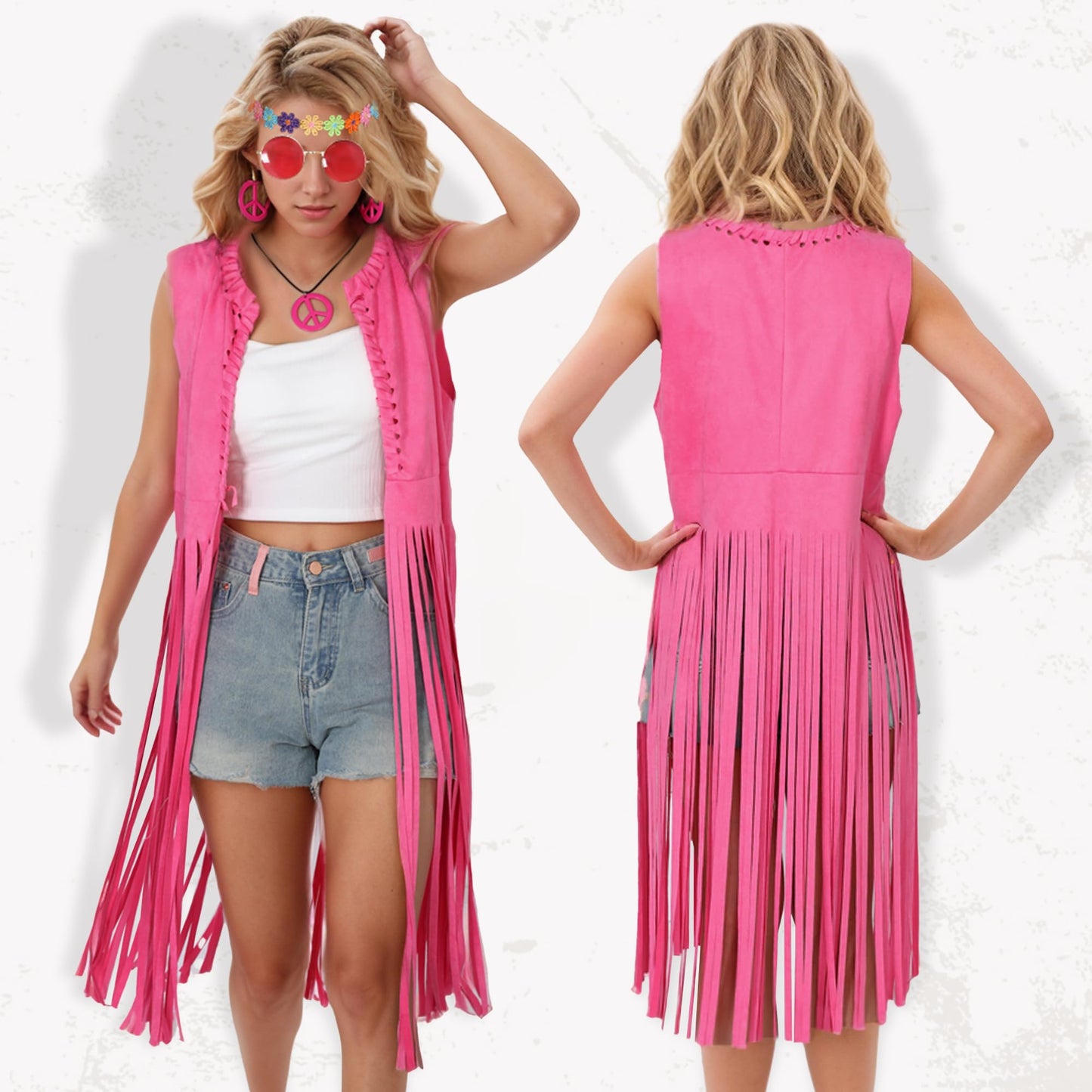 70 s Outfit for Women Brown Fringe Vest Hippie Sunglasses Headdress Necklace and Earring for Disco Party Halloween Costume Women(Brown,M)
