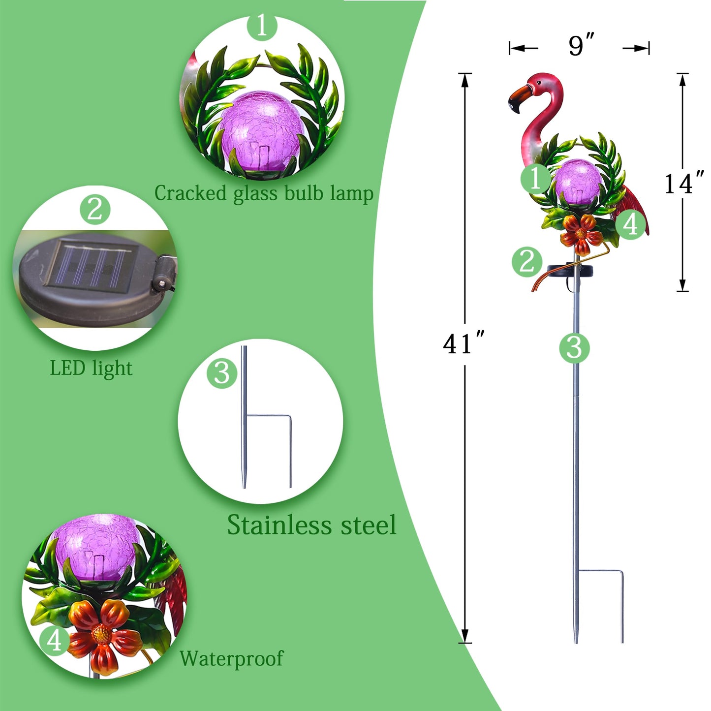 Voumsil Solar Garden Light for Garden Decoration, 40.9 Inch Flamingo Solar Stake with Cracked Glass Puck Light for Outside Patio Pathway Yard Decoration(Flamingo)