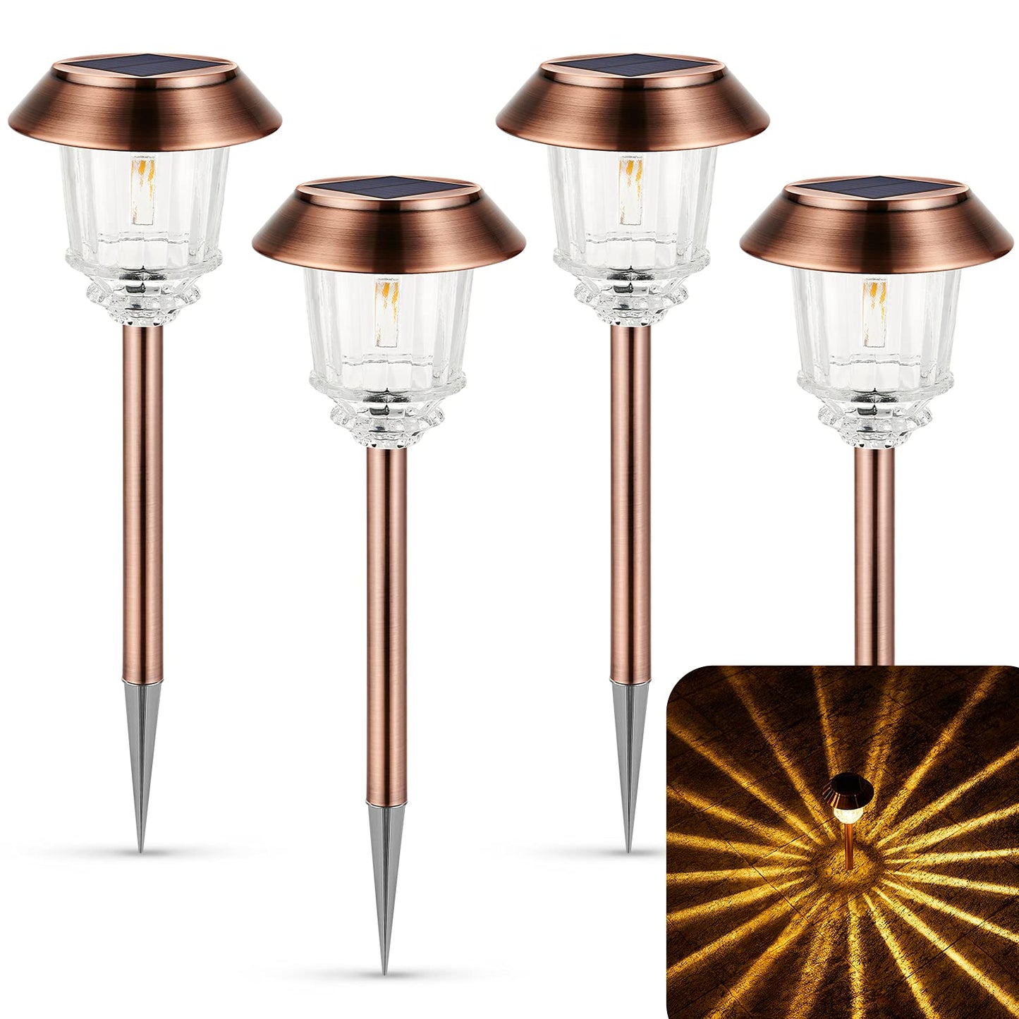 XMCOSY+ Solar Lights Outdoor Waterproof, 4 Pack Solar Lights for Outside, 10-40 LM Dimmable LED Glass Outdoor Solar Lights for Yard Pathway Garden Lawn Driveway Walkway (Warm White)