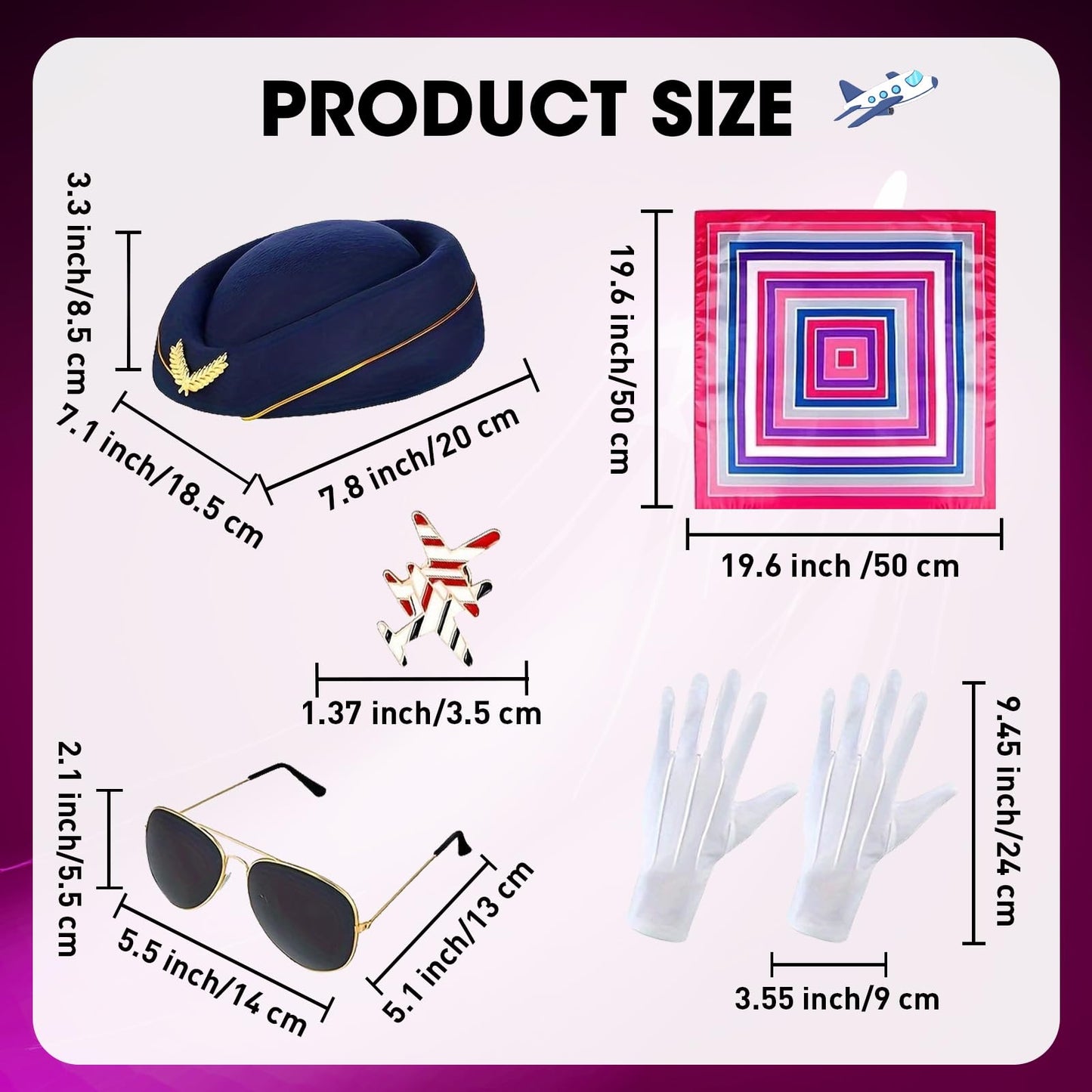 11 Pcs/2 Set Airline Pilot Captain Costumes Flight Attendant Accessories with Hat Sunglasses Scarf for Adult Dress Up Halloween Cosplay Party