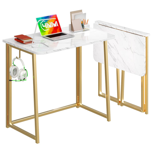 4NM 31.5" Small Folding Desk, Simple Assembly Computer Desk Home Office Desk Study Writing Table for Small Space Offices - White and Golden