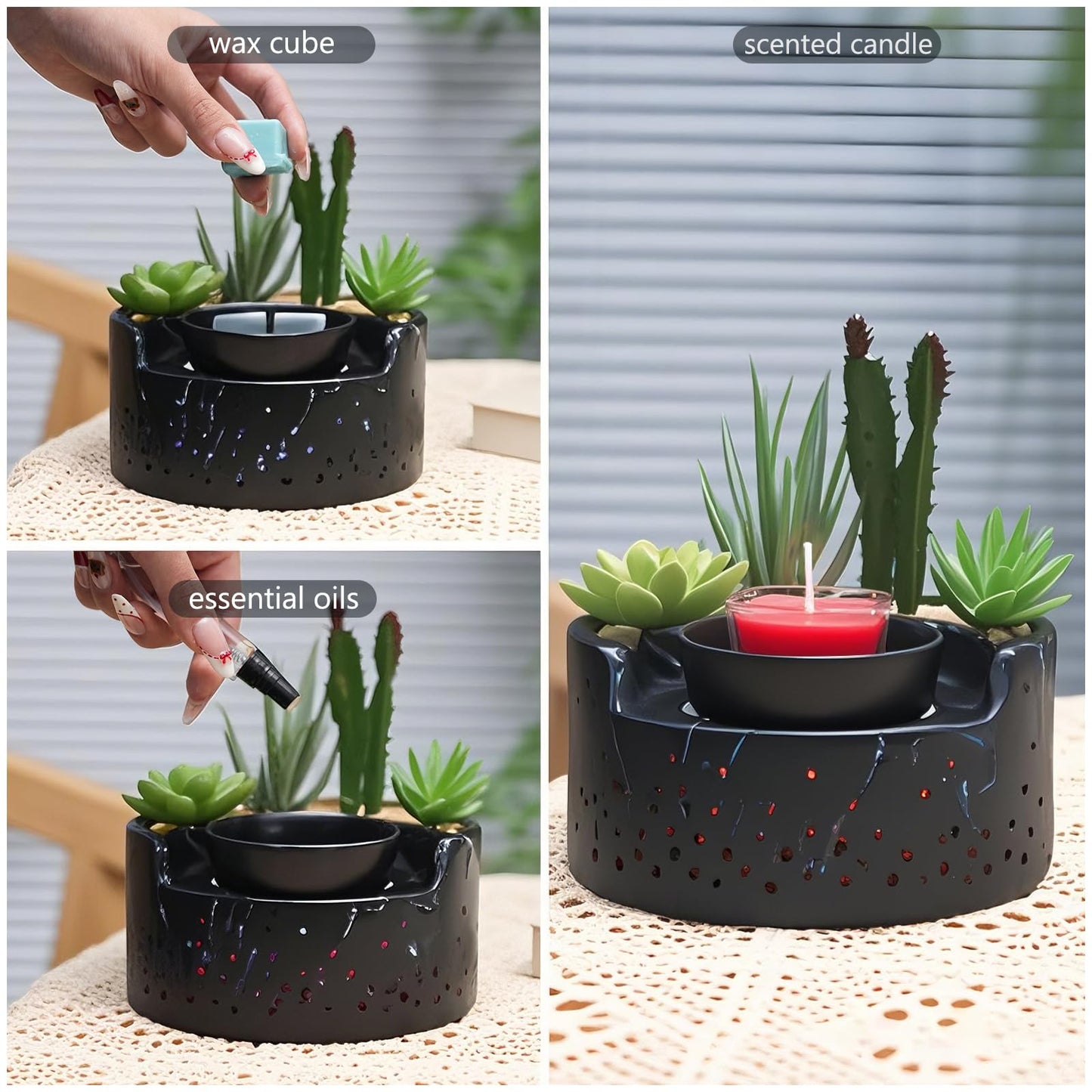 waxarapy Ceramic Wax Melt Warmer 4-in-1, Flameless PTC Heating with 7-Colors LED Changing Light, Electric Essential Oil Diffuser, Yoga Room/Home Decor Wax Melter Black Succulent Design