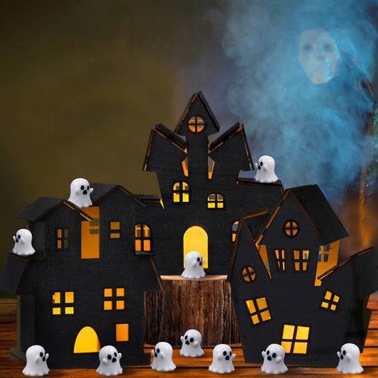 Wonderjune 13 Pcs 3D Ghost Halloween Village Haunted House DIY Kit 3 Large Wooden Castle House 10 Ghost Figurines Crafts Kit for Indoor Outdoor Halloween Party Decor Supplies
