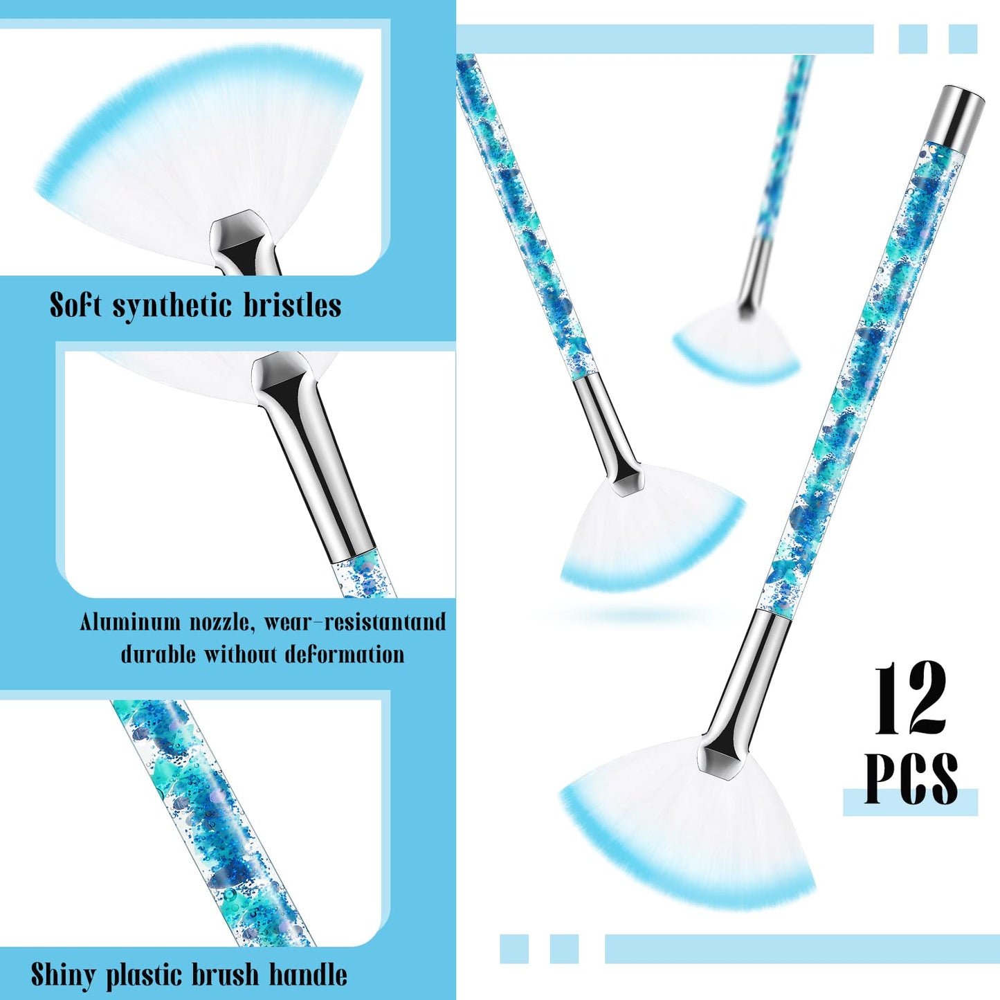 12 Pcs Fan Brushes for Facial Mask Brushes with Glitter Quicksand Handle Cosmetic Facial Fan Brushes Soft Facial Mask Brush Applicator Facial Peel Applicator Face Mask Tools with Pouch (Blue)