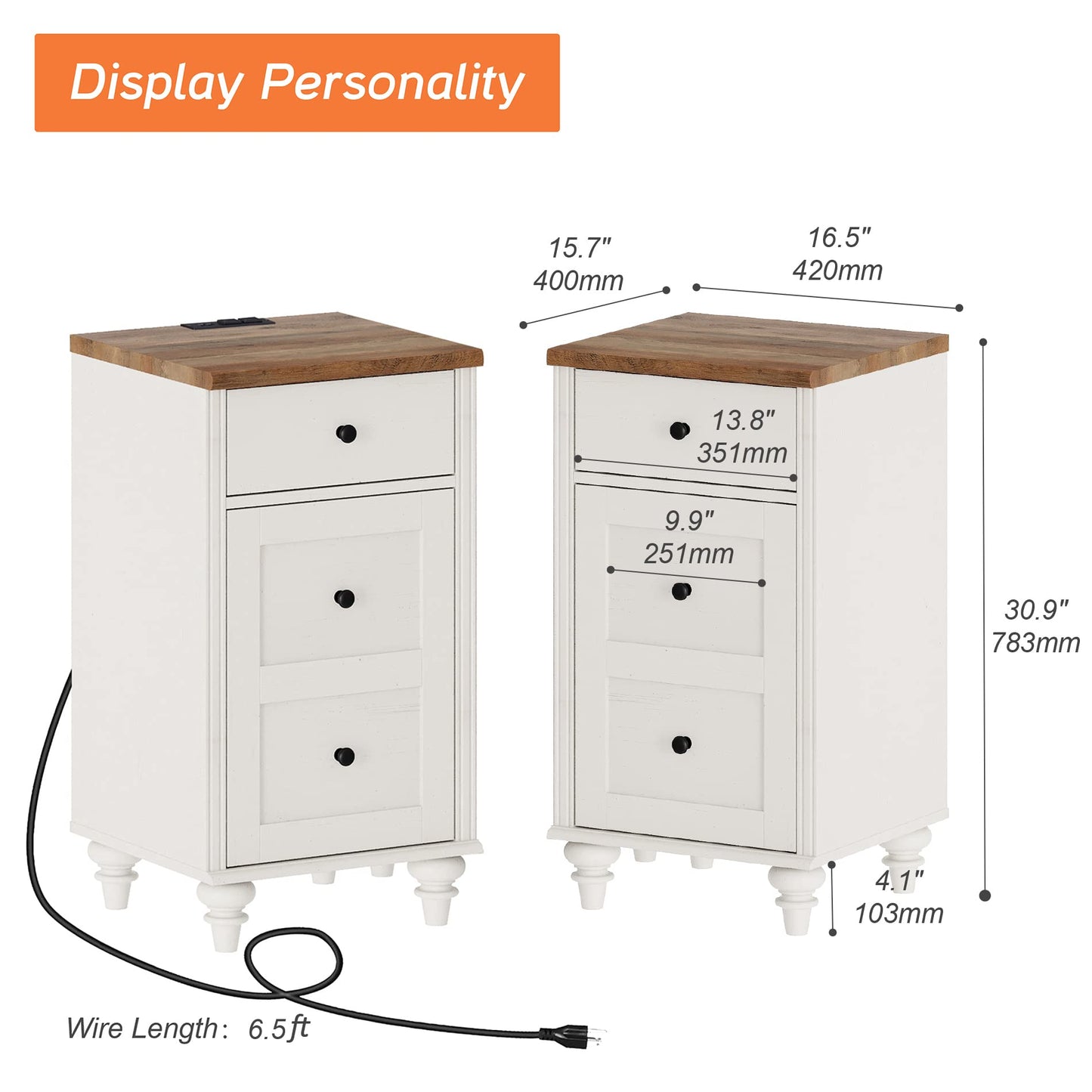 WAMPAT Set of 2 End Table with Charging Station, Wood Nightstands with Drawer and Storage Cabinet, Modern Side Tables Living Room Set of 2, Farmhouse Night Stands Bedside Table for Bedroom, White