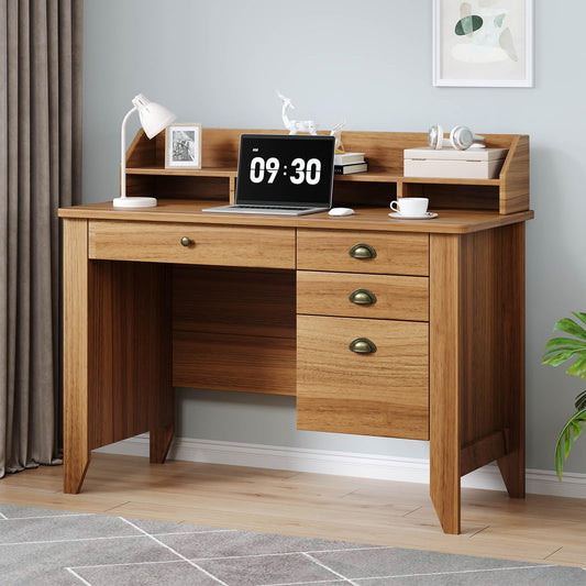 4 EVER WINNER Desk with Drawers, Wooden Desk with Monitor Stand and Drawers, Executive Desks with File Drawer, Home Office Desks for Small Spaces, Bedroom, Walnut
