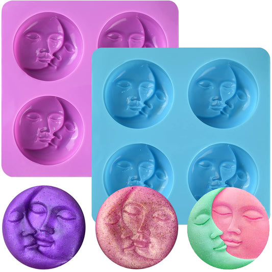 2 Pcs Silicone Soap Molds, Sun & Moon Face Soap Molds for Soap Making, Bath Bomb Molds for Bath Bomb, Chocolate, Candle, Valentine Wedding Gift