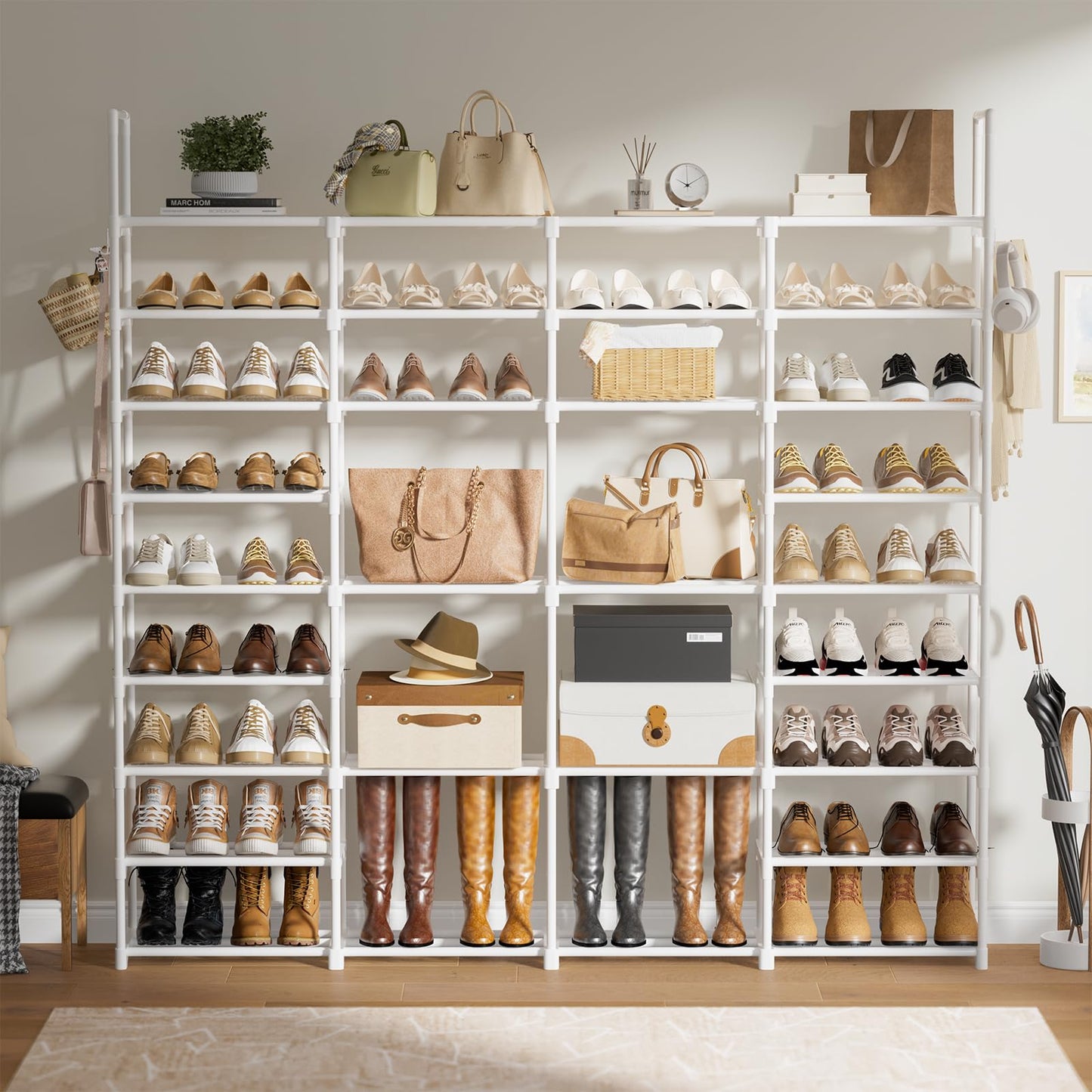 WOWLIVE 4 Row 10 Tiers Extra Large Shoe Rack 72-80 Pairs Big Tall Metal Shoe Shelf, Heavy Duty Organizer for Closet Entryway, Boot Rack Storage Stackable Stand for Garage White