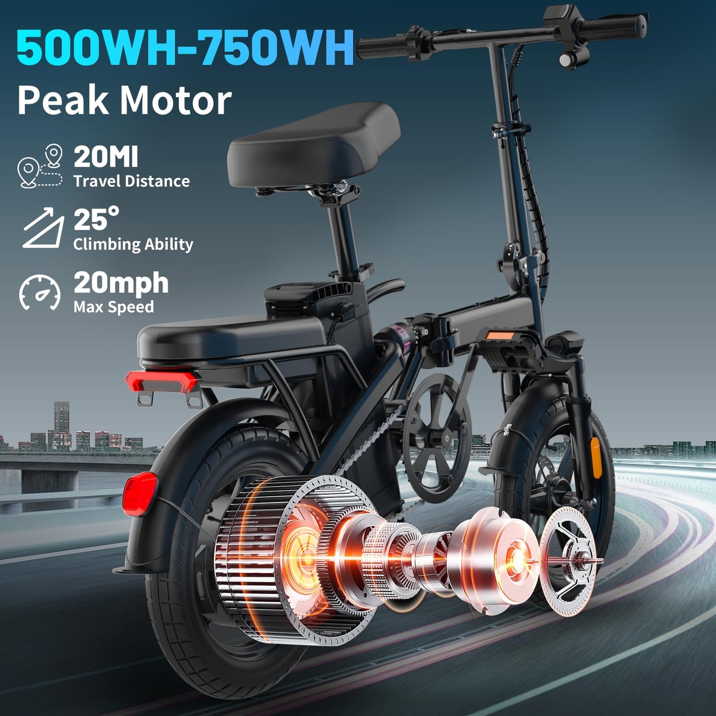 Folding Electric Bike for Adults and Teens, 14" Foldable E-Bike with 500W Motor, Commuter Mini E Bikes with 48V Removable Battery UL 2849 Certified, Electric Bicycle with 25 Miles PAS Range (Black)