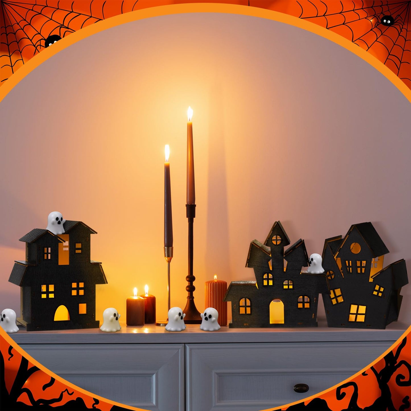 Wonderjune 13 Pcs 3D Ghost Halloween Village Haunted House DIY Kit 3 Large Wooden Castle House 10 Ghost Figurines Crafts Kit for Indoor Outdoor Halloween Party Decor Supplies