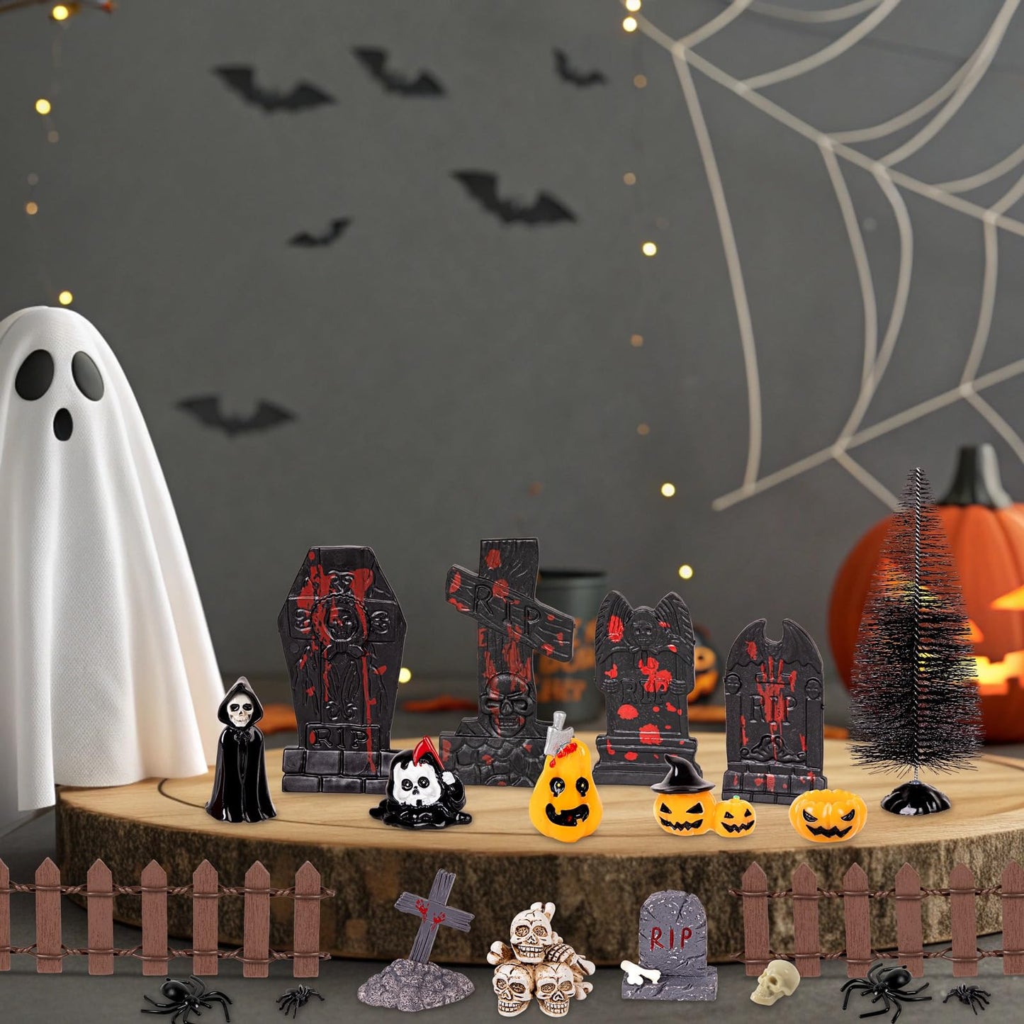 69Pcs Halloween Village Accessories Set Included Skeleton Pumpkin Spider Tree Coffin Skull Tombstone Bat Fence - Miniatures Figurines Decorations for Summerween Hallowmas Party Decor Tabletop