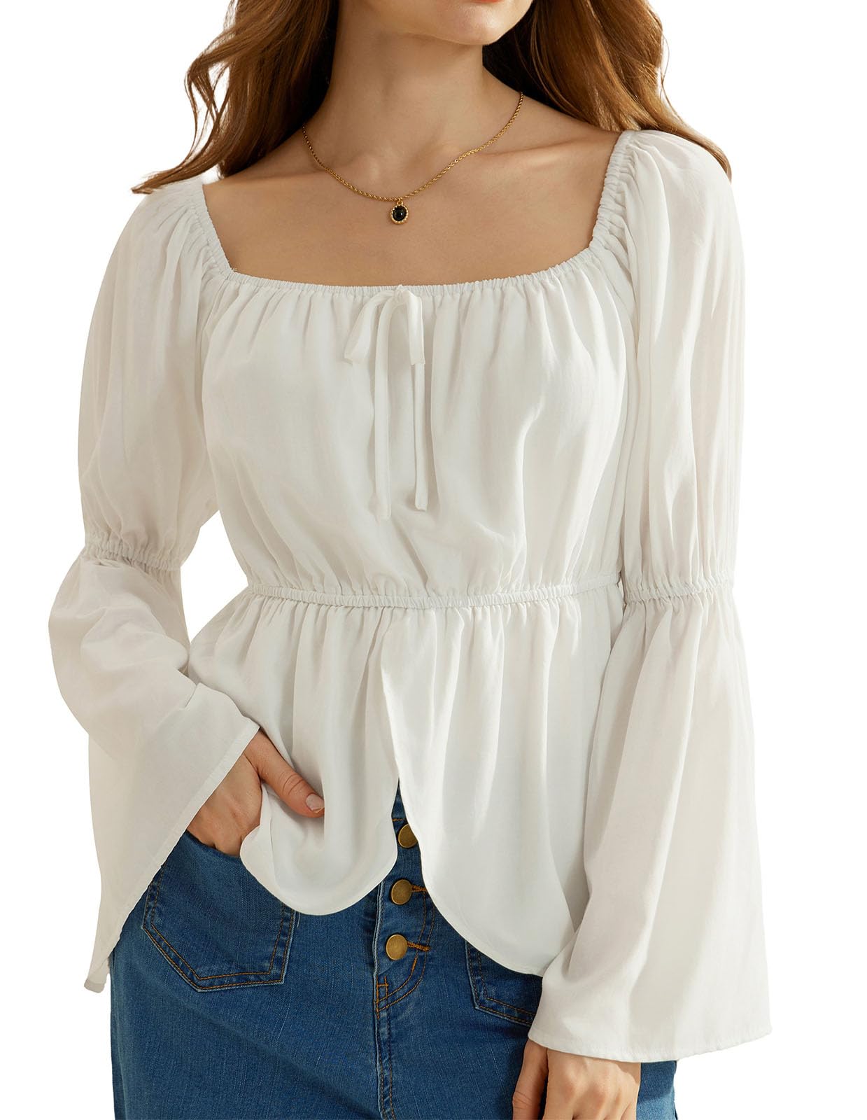 Womens 2025 Renaissance Shirt Casual Long Bell Sleeve Tops Shirt Pirate Boho Blouse White M