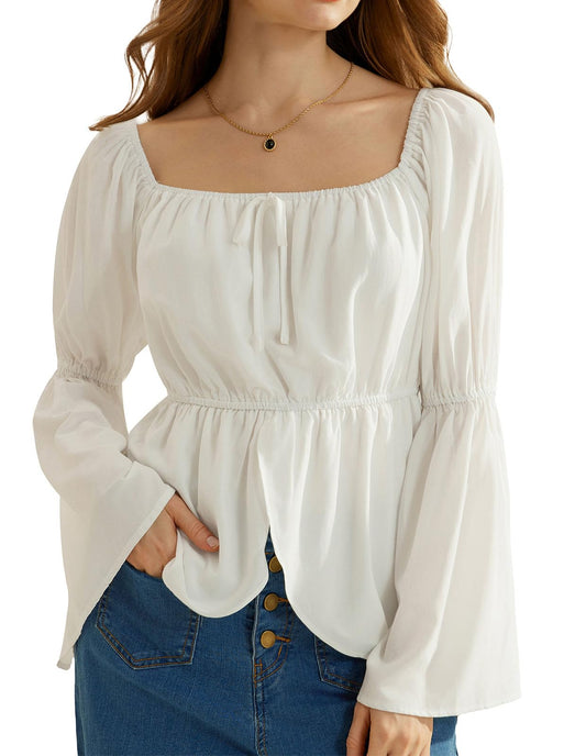 Womens 2025 Renaissance Shirt Casual Long Bell Sleeve Tops Shirt Pirate Boho Blouse White M
