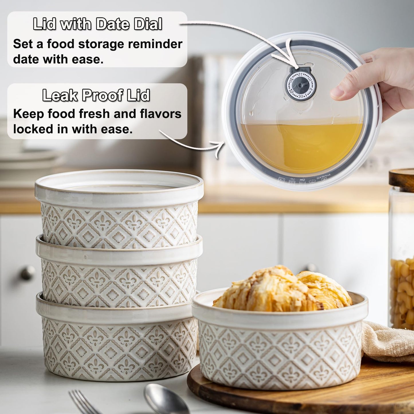 40 Oz Ceramic Airtight Bowls Set of 4 - Large Cereal Bowls with Lids for Salad, Pho, Soup, Pasta, Dessert, Serving, Oatmeal, Nut, Baking Dishes, Dishwasher & Microwave Safe, Beige