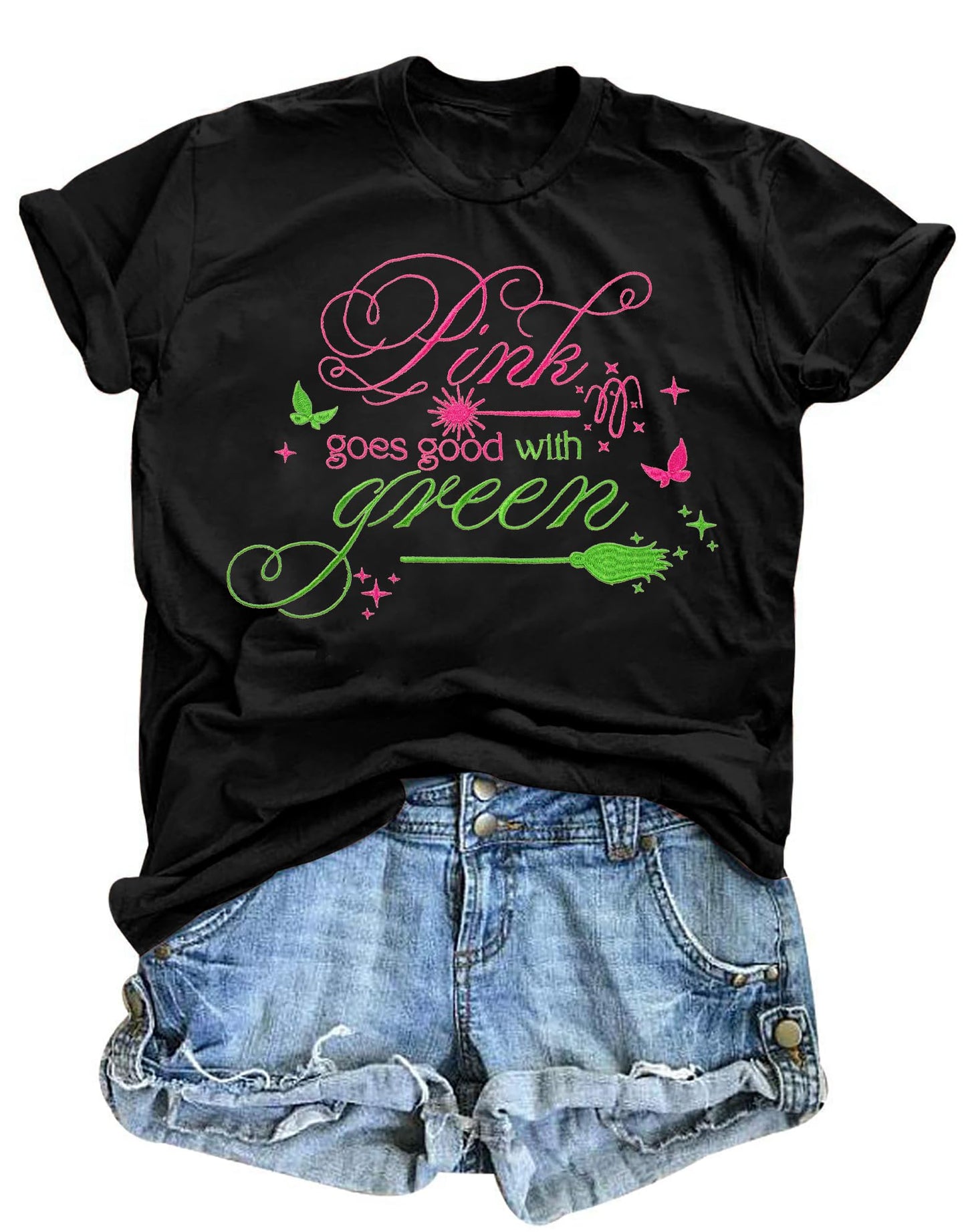 Women Pink Goes Good with Green Shirt Embroidery Musical Movie Shirts Witch and Princess Tee Musical Fan Gift Tops