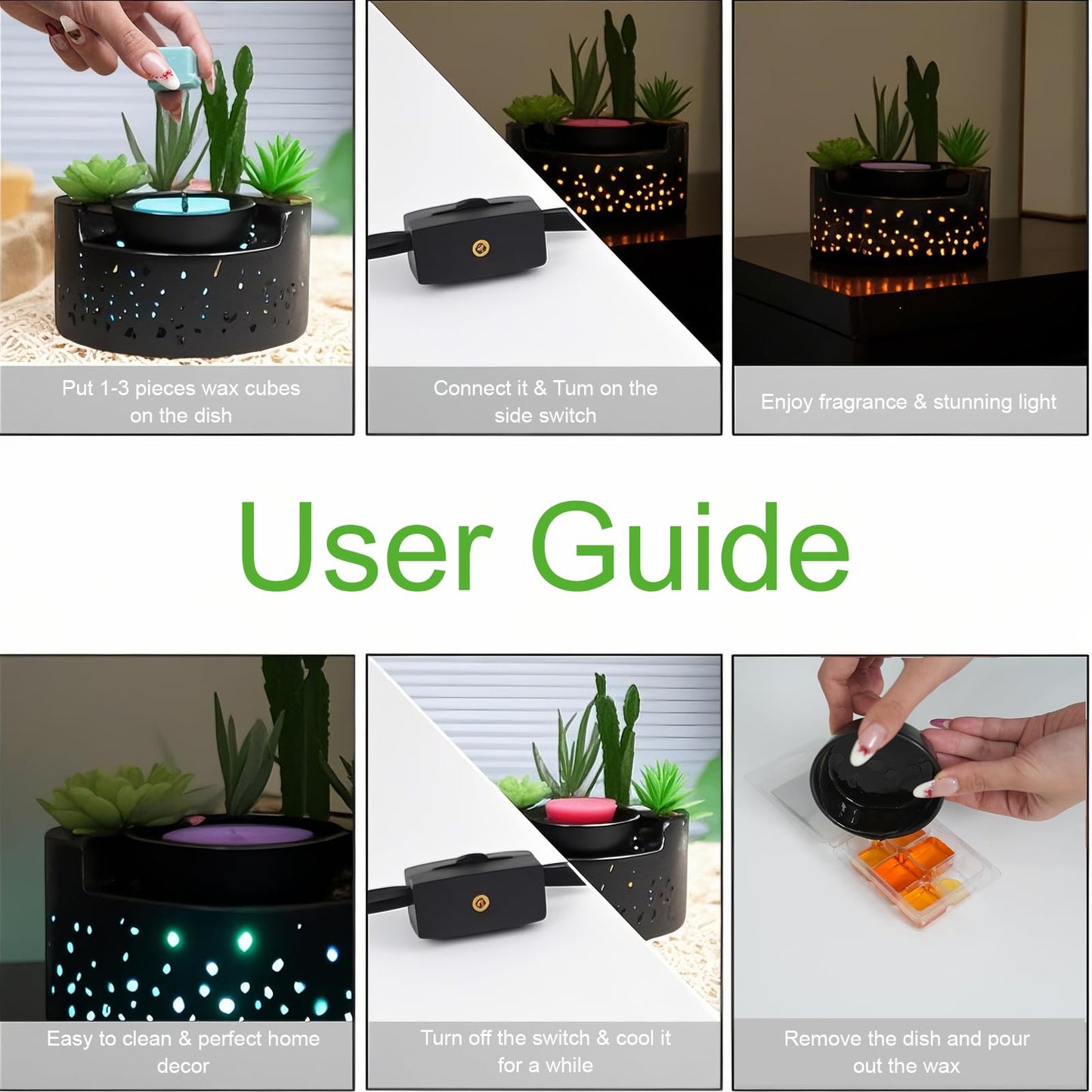 waxarapy Ceramic Wax Melt Warmer 4-in-1, Flameless PTC Heating with 7-Colors LED Changing Light, Electric Essential Oil Diffuser, Yoga Room/Home Decor Wax Melter Black Succulent Design