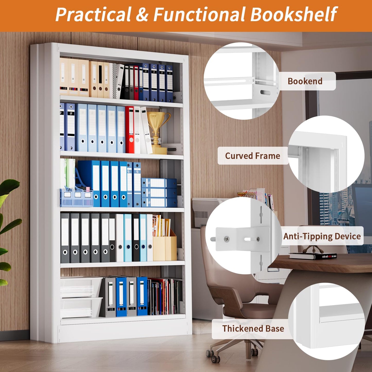 71” Tall White Metal Bookshelf, 5 Tier Bookcase with Adjustable Storage Shelves, Heavy Duty Book Shelf with Bookends, Freestanding Open Large Book Case for Living Room, Study, Library, Office