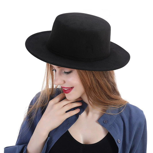 YEAJOIN Fashion Classic Black Fedora Flat Hat Medium Size, Wide Brim Jazz Hats Church Derby Cap for Women and Men
