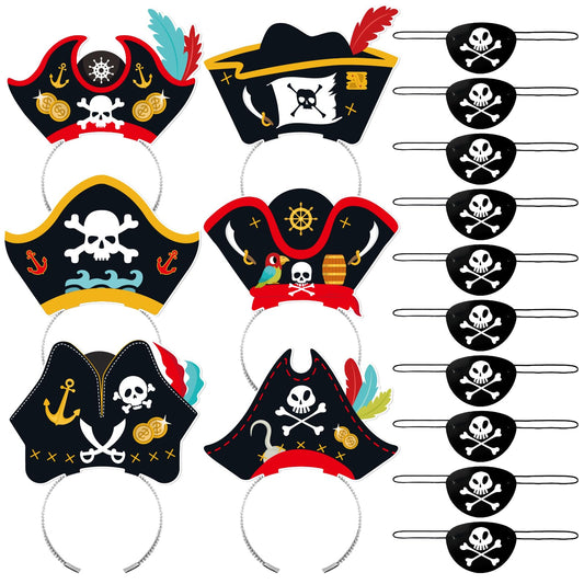 24 Set Pirate Hat Headbands & Eye Patches, Paper Pirate Costume Accessories Decoration for Pirate Theme Party Supplies Halloween Fancy Dress Caribbean Cosplay - Party Favors for Boys & Girls (48 Pcs)