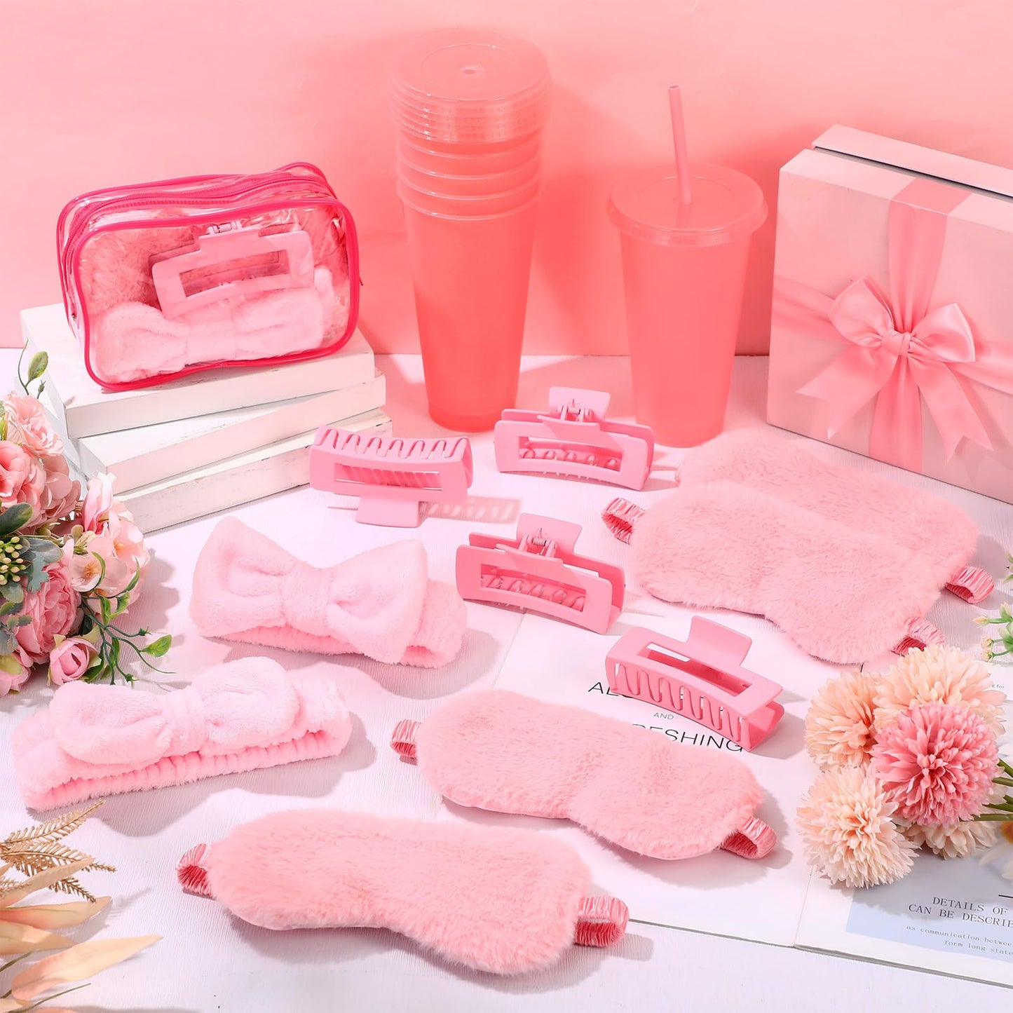 Wavyknot 30 Pcs Pink Spa Party Favors for Women Sleepover Party Supplies 6 Pink Bow Hairbands 6 Eye Masks 6 Hair Clips 6 Clear Cosmetic Bags 6 Glitter Cups for Spa Birthday Bachelorette Slumber Gifts