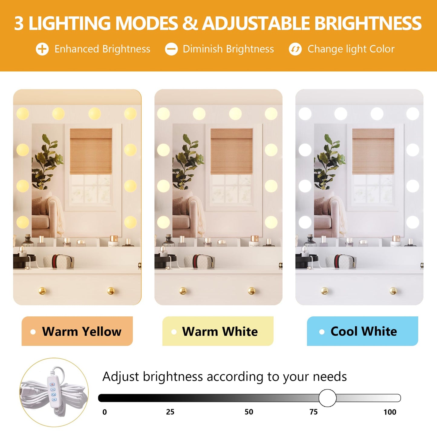Wodeer Makeup Vanity Desk with Mirror and Lights, 43" White Vanity Set with Chair, 3 Drawers, Power Outlet & Adjustable RGB LED Lights, Dressing Table with Storage Shelf for Women & Girls Bedroom