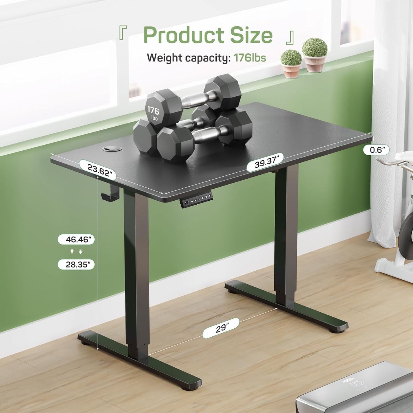 Whitmor Electric Standing Desk - 40 x 24 Inch Height Adjustable Computer Desk, Sit to Stand Home Office Table with Splice Board, 2 Hooks & Wire Hole, Black