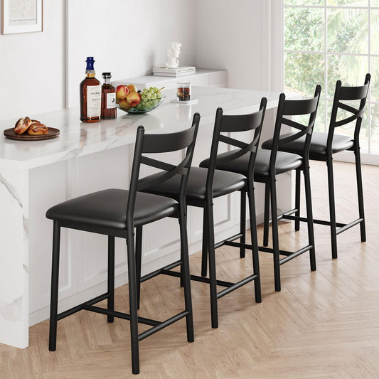 22.4" Bar Stools, Set of 4 Bar Chairs with X-Shaped Back Thick Cushion, Counter Height Barstools for Dining Room, Kitchen, Counter, Rustic Brown and Black