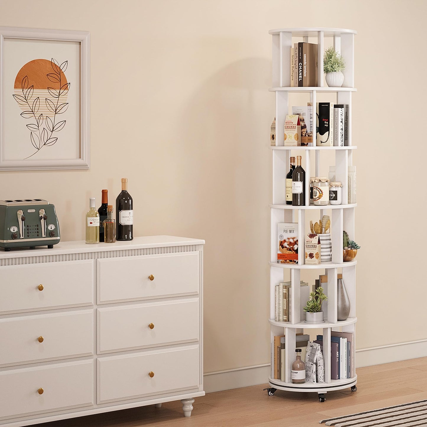 6 Tier Rotating Bookshelf Tower Spinning Bookshelf with Swivel Wheels Book Shelf Rotating Storage Tower for Kids Adult Narrow Walnut Solid Wood Revolving Bookcase Organizer for Bedroom Living Room