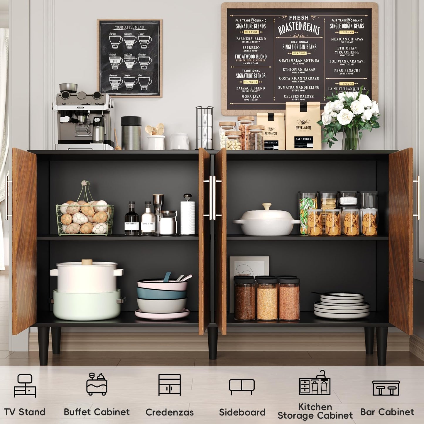 4 EVER WINNER Sideboard Buffet Cabinet with Storage, 58" Large Storage Cabinet with Adjustable Shelves, Modern Coffee Bar with 4 Doors for Living Room Entryway, Walnut and Black