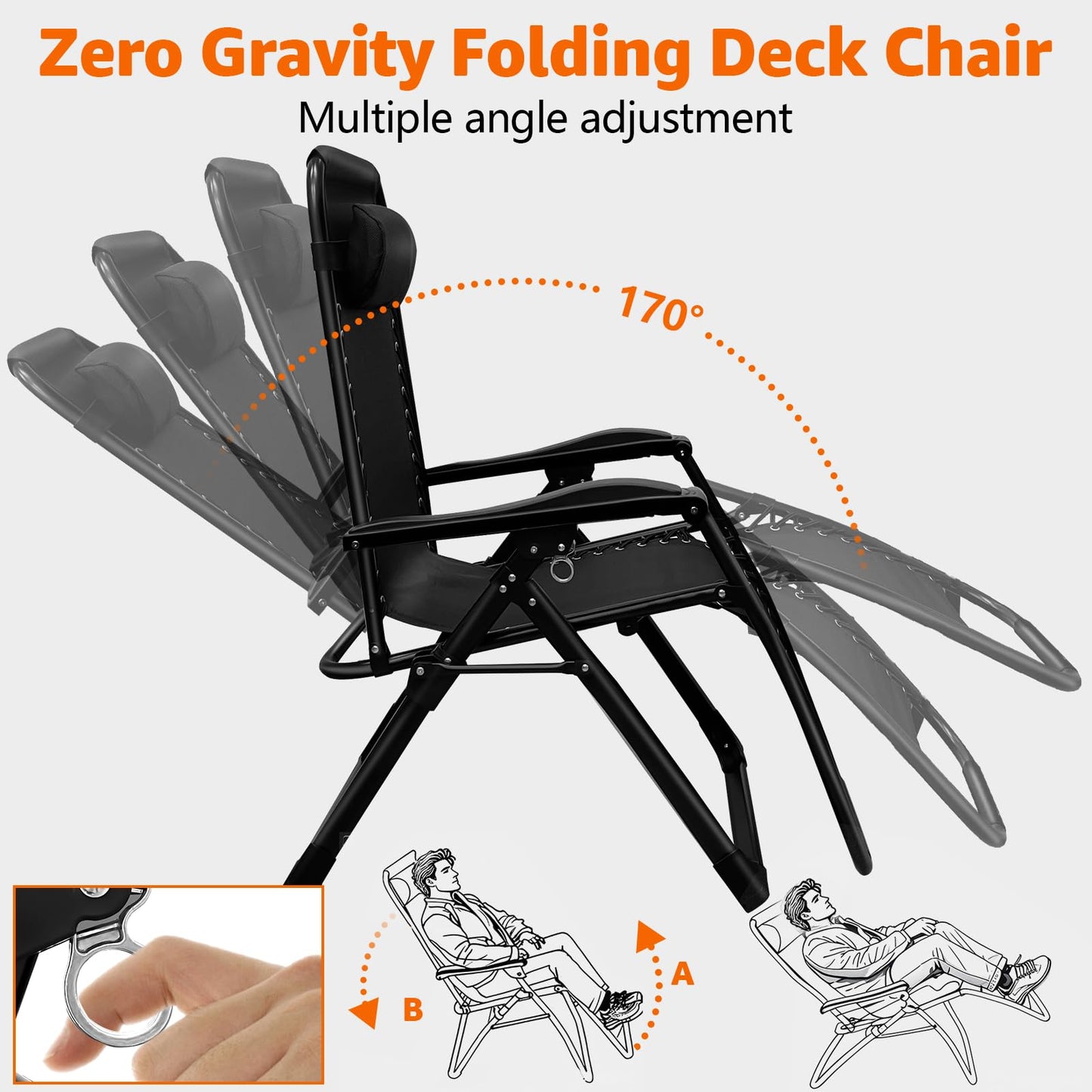 XYJBHB Zero Gravity Lounge Chair with Pillow - Thickened Pipe Outdoor Patio Folding Recliner, 26" Width, Adjustable, Steel Frame, Black - Ideal for Pool, Beach & Camping (Set of 2)