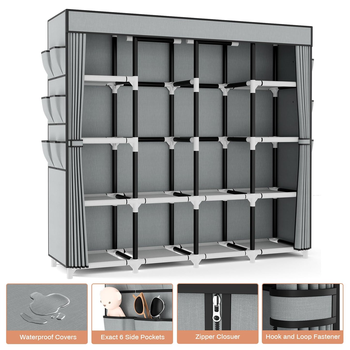 VTRIN Portable Closet, 69 Inch Wide Wardrobe Closet for Hanging Clothes, 19mm Metal Pipe,Sturdy Clothes Rack with Cover, 2 Hanging Rod,12 Shelves, 6 Pocket, Free Standing Closet for Bedroom