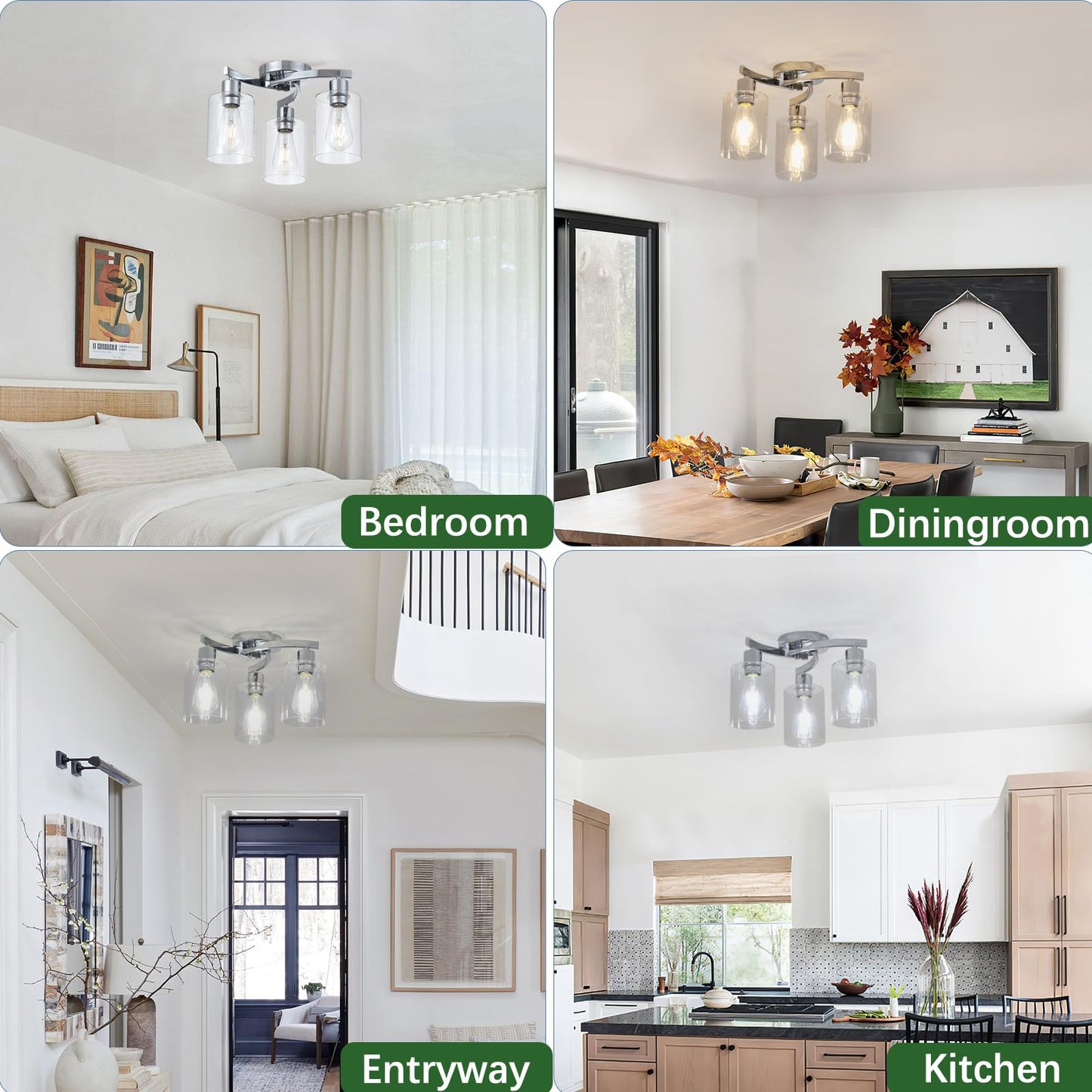 3WWWUEE 3-Light Semi Flush Mount Ceiling Light, Modern Close to Ceiling Light Fixtures with Clear Glass Shades, Chrome Light Fixture for Kitchen, Dining Room, Hallway, Entryway, Foyer