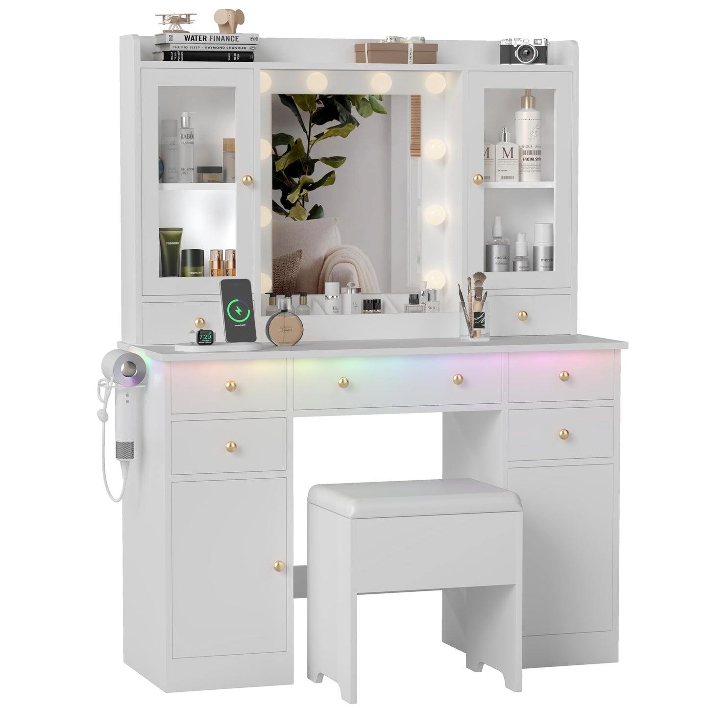 Wodeer Vanity Desk with Mirror and Lights, 43" White Makeup Vanity Set with 5 Drawers & Glass Cabinets, Storage Stool, Power Outlet & Adjustable LED Lights, Dressing Table for Women & Girls Bedroom