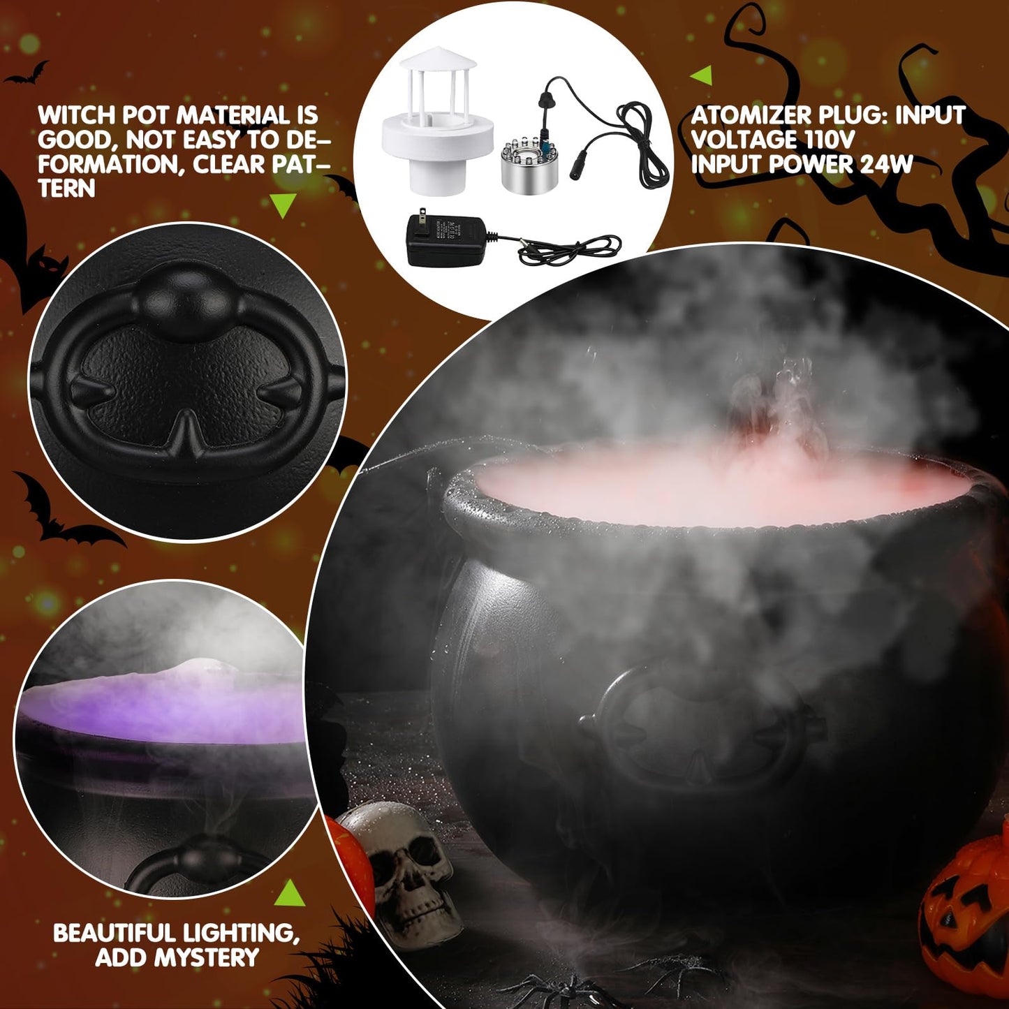 Wettarn Halloween Cauldron Decorations 8" Witch Plastic Smoking Cauldron Bowl with Handle Mist Maker Fogger 12 LED Lights Fog Machine Atomizer Large Smoking Pot Punch Bowl for Indoor Outdoor Parties
