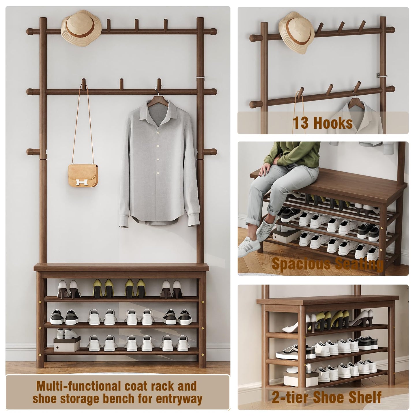 Welfuturer Bamboo Hall Tree with 13 Hook, 6-in-1 Entryway Bench with Coat Rack Freestanding, Coat Rack with Shoe Storage Bench Organizer for Mudroom, Bedroom, All-in-One Shoe Rack,Walnut
