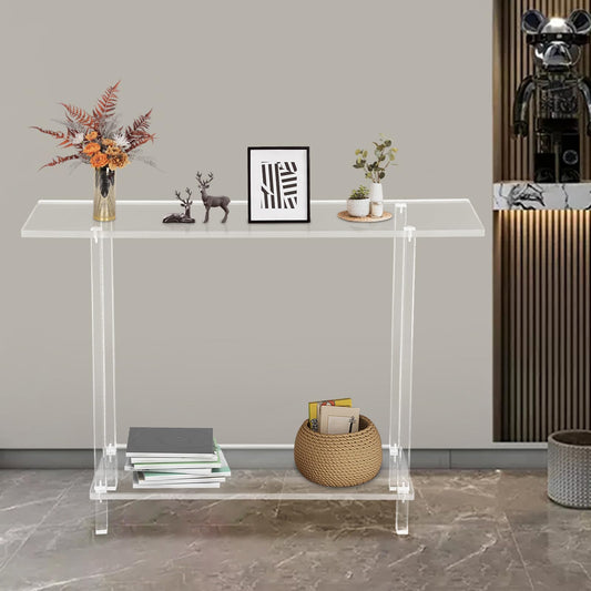 2-Tier Acrylic Narrow Console Tables, Skinny Bookshelf Slim Entry Table, Modern Side Table with Cylindrical Legs for Hallway, Living Room, Dining Room Clear 39.4" L X 7.9" W X 31.5" H
