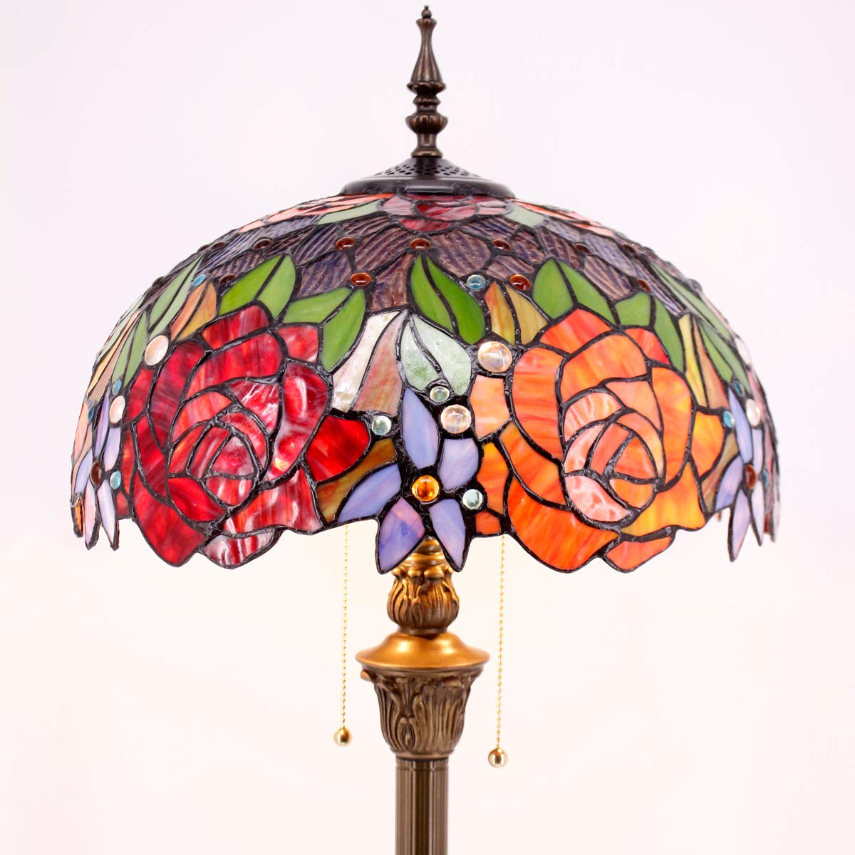 WERFACTORY Tiffany Floor Lamp Red Yellow Rose Stained Glass Standing Reading Light 16X16X64 Inches Antique Pole Corner Lamp Decor Bedroom Living Room Home Office S001 Series