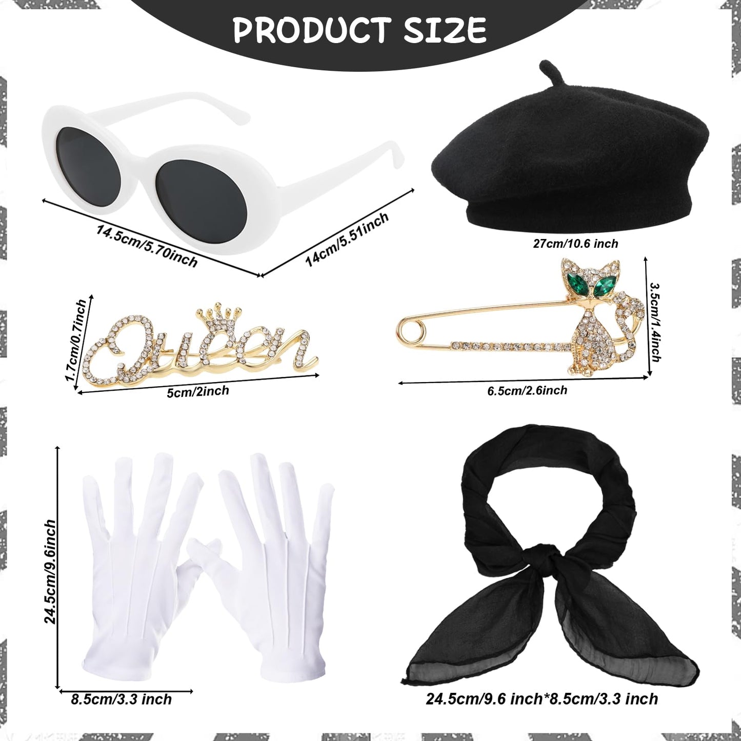 XEPST 6PCS French Women set - 50s Fancy Dress for Women with Black Beret Sunglasses Scarf Gloves Brooches French Artist Mime Kit for Halloween Costumes Cosplay Carnival Fancy Dress Up, Black