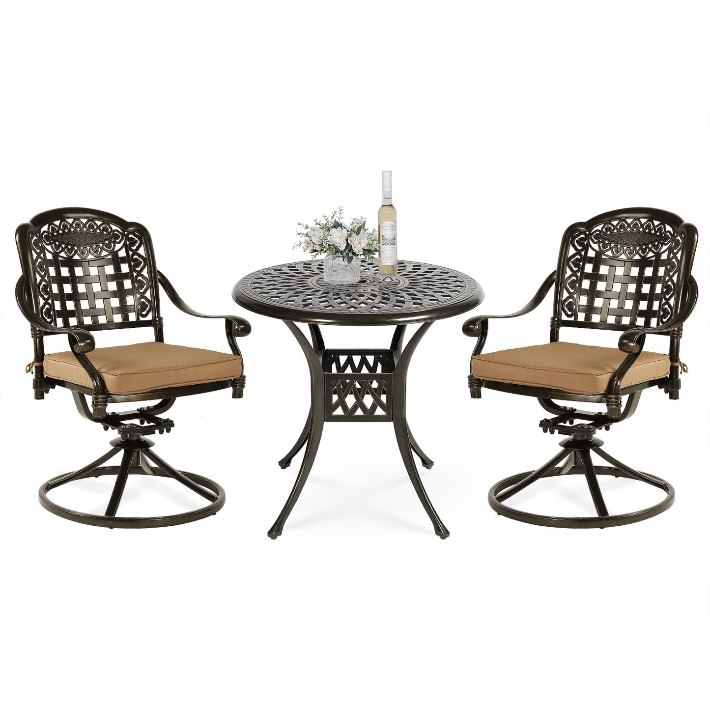 VIVIJASON 3-Piece Patio Bistro Set, Outdoor All-Weather Cast Aluminum Furniture Dining Set, Include 2 Swivel Chairs and 31" Round Table w/Umbrella Hole for Balcony, Lawn, Garden, Antique Bronze