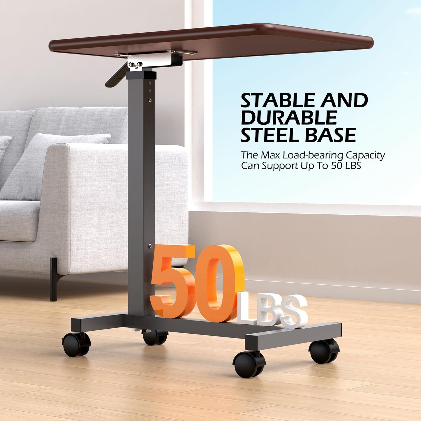 WOTURE Adjustable Overbed Table with Wheels, Bedside Rolling Table, Pneumatic Height Adjustment, Hospital Bed Table on Wheels, Standing Desk, Bedridden & Mobility Needs, Walnut