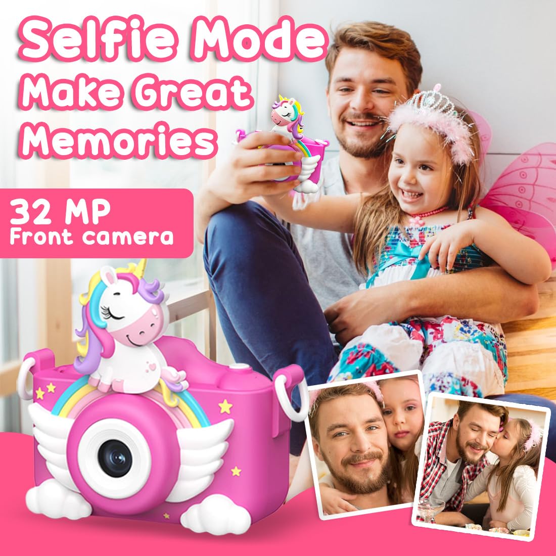 Wembley Kids Camera 3+ Year Old Girl Gift 32GB SD Card 1080P HD Video Adorable Selfie Unicorn Digital Toddler Camera for Kids Toys Boys Birthday Gift for 3-12 Years Old Girls - Pink