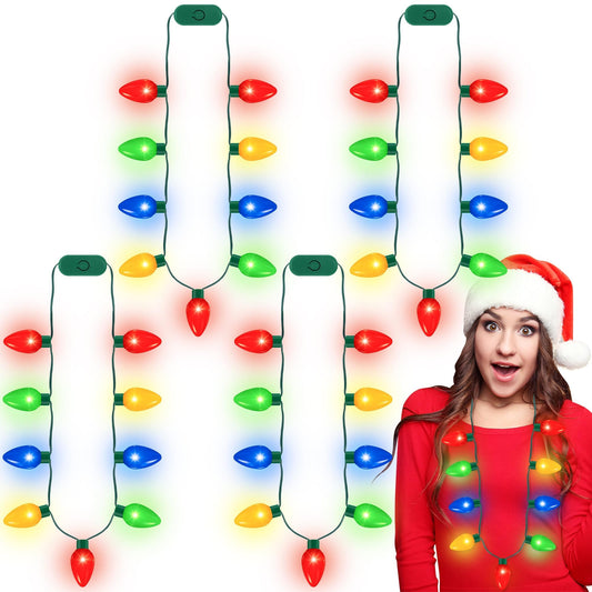 4pcs Light Up Christmas Necklace, Christmas Necklace, Colorful Christmas Accessories for Women, 9 LED Bulbs Necklaces with 3 Flash Modes, Suitable for Xmas New Year Party Favor Supplies Accessories