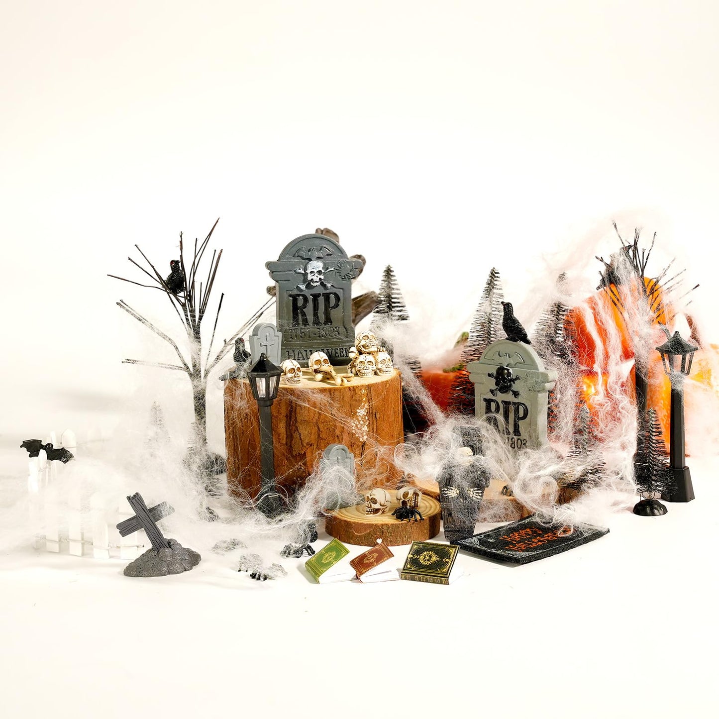 49 Pcs Miniature Halloween Village Accessories Set - Miniature Halloween Figurines, Ornaments, Bare Branches, Tombstones, Skeleton, Fake Spiders - Party Decor