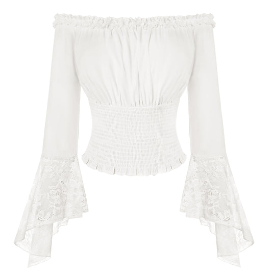 Women Renaissance Shirt Bell Sleeve Shirt Off The Shoulder Long Sleeve y2k Top White M