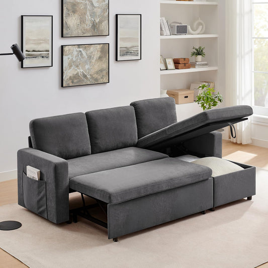 85’’ Sofa Bed, 2 in 1 Sleeper Sofa with Multiple Storage Spaces and Detachable Chenille Cover, Easy to Assemble, Comfy Futon Pull Out Couch for Living Room/Office/Apartment(Grey)