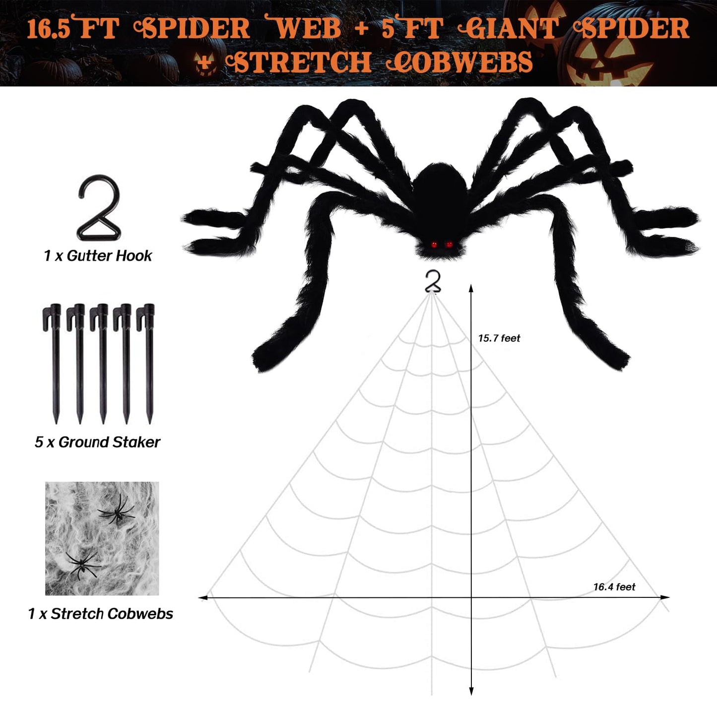 16.5Ft Giant Spider Web + 5Ft Hairy Spider & Stretch Cobwebs - CJYGEGE Halloween Decorations Scary Fake Spider with Triangular Huge Spider Web Large Props for Outdoor Indoor Haunted House Porch Yard